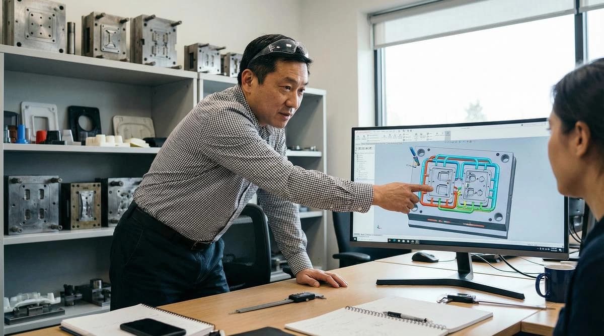Engineer pointing at a mold design on a monitor, with mold bases on shelves behind