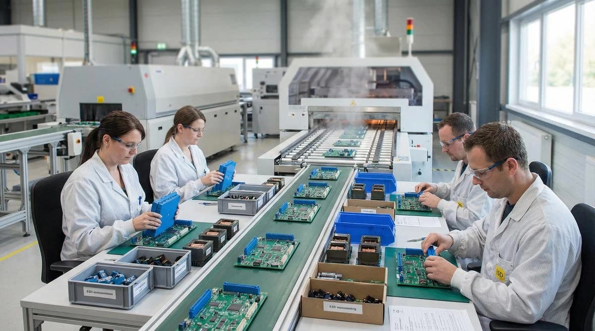 Technicians assembling circuit boards at a conveyor line