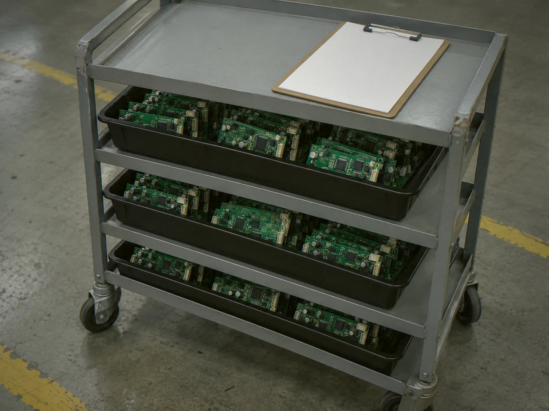 Pilot-run trays with finished boards on a cart