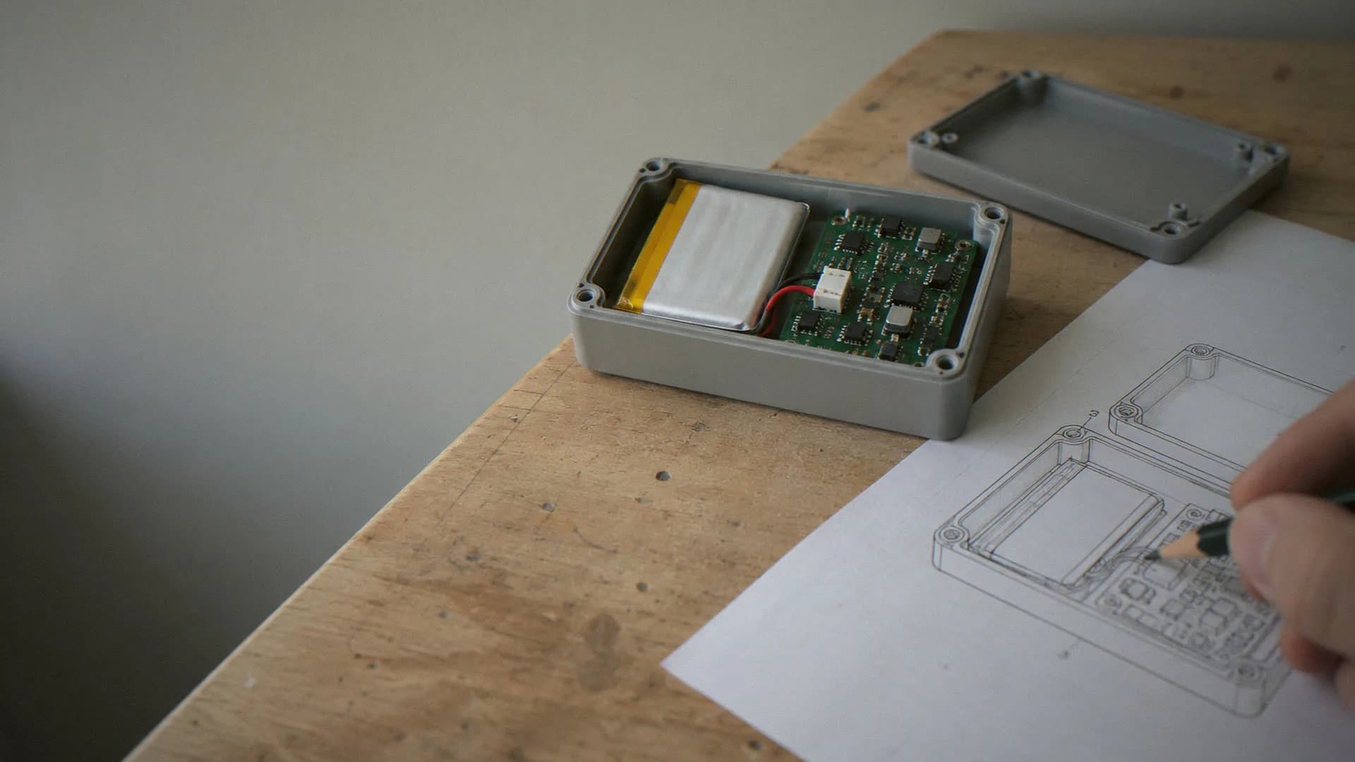 Open enclosure with a PCB stack beside a printed drawing