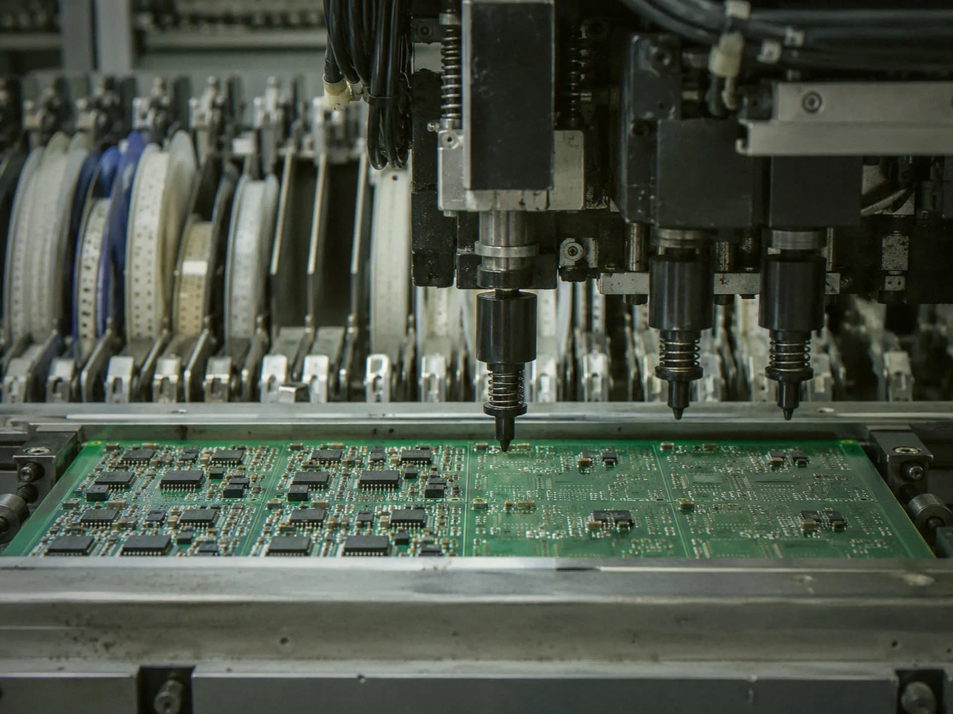 Pick-and-place head over a circuit panel on an SMT line
