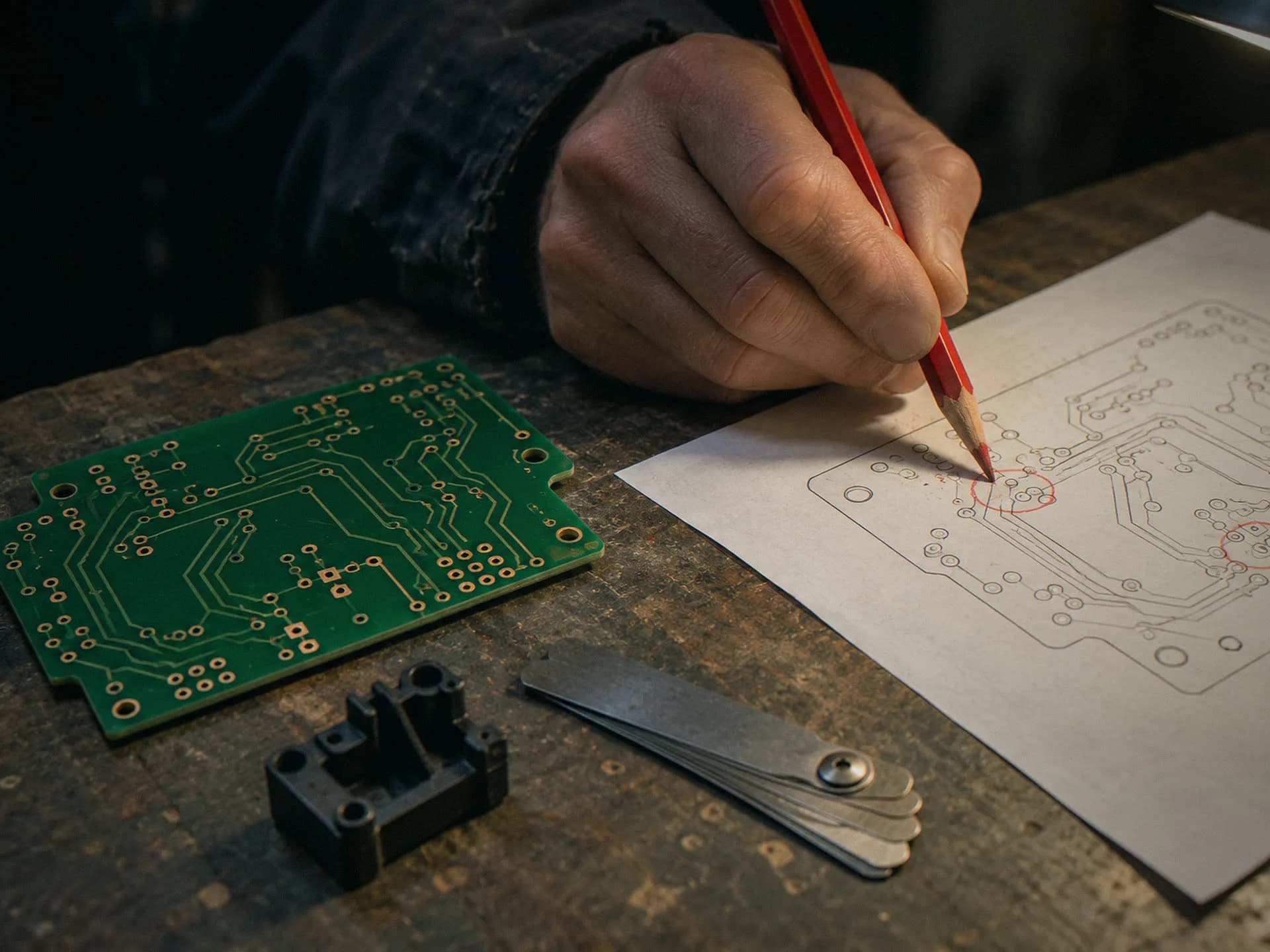 Hand marking a board layout print beside a bare board, a molded part and a feeler gauge