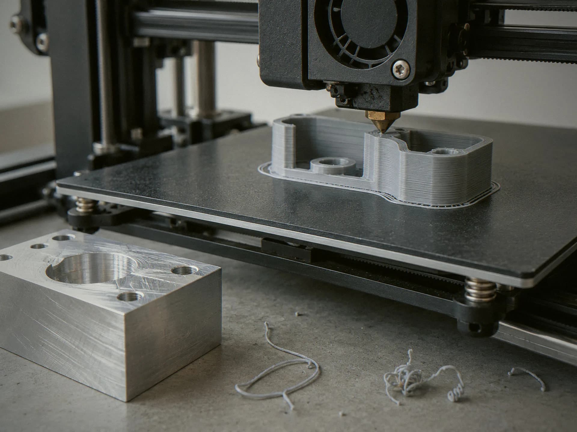 3D printer building a housing beside a machined aluminum block