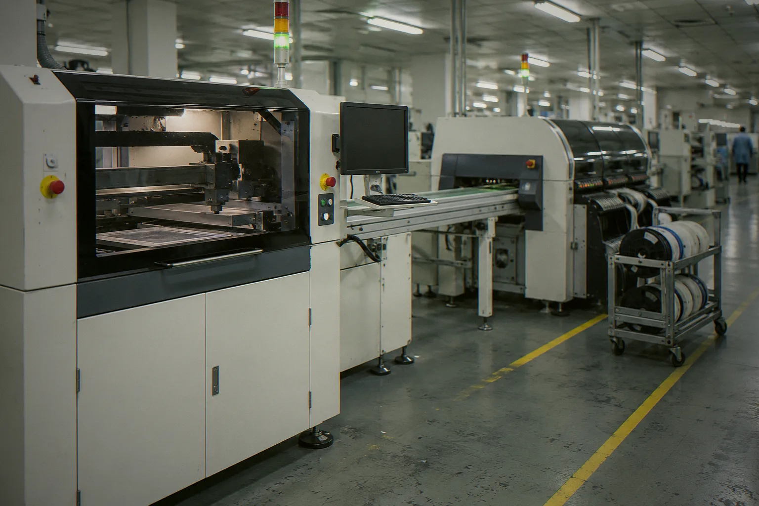 Wide view down an SMT production line