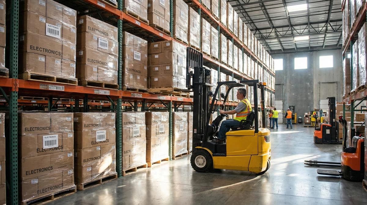 Boxed electronics on pallet racks with a forklift in the aisle