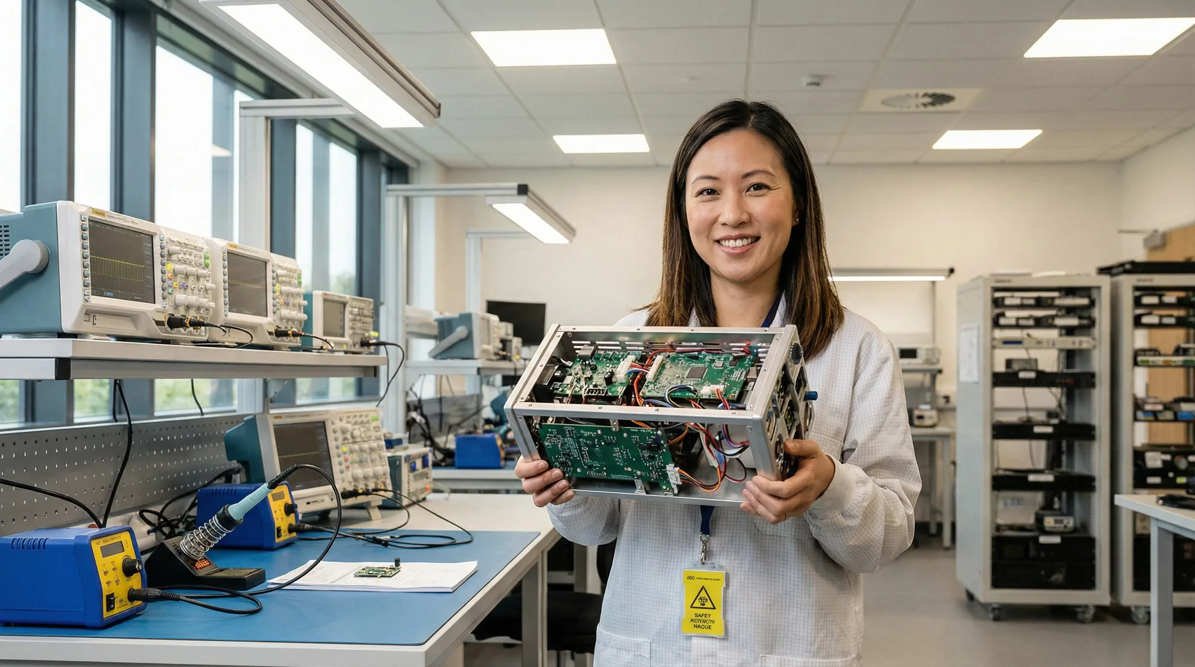 Engineer holding an open prototype unit in an electronics lab