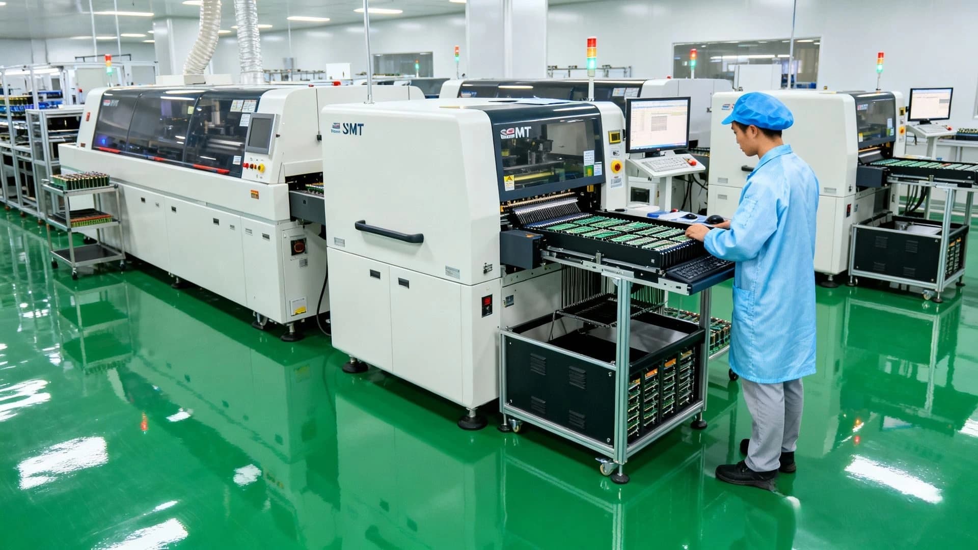 Technician at a placement machine on an SMT line
