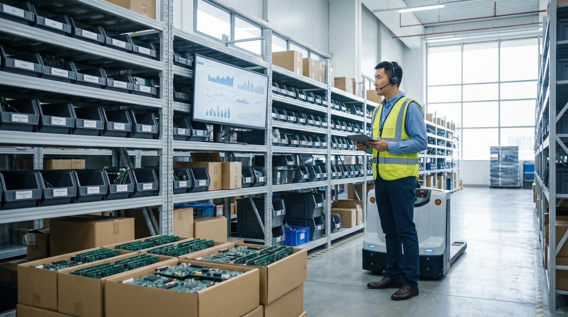 Shelves of parts bins and boxed boards, with a worker holding a tablet
