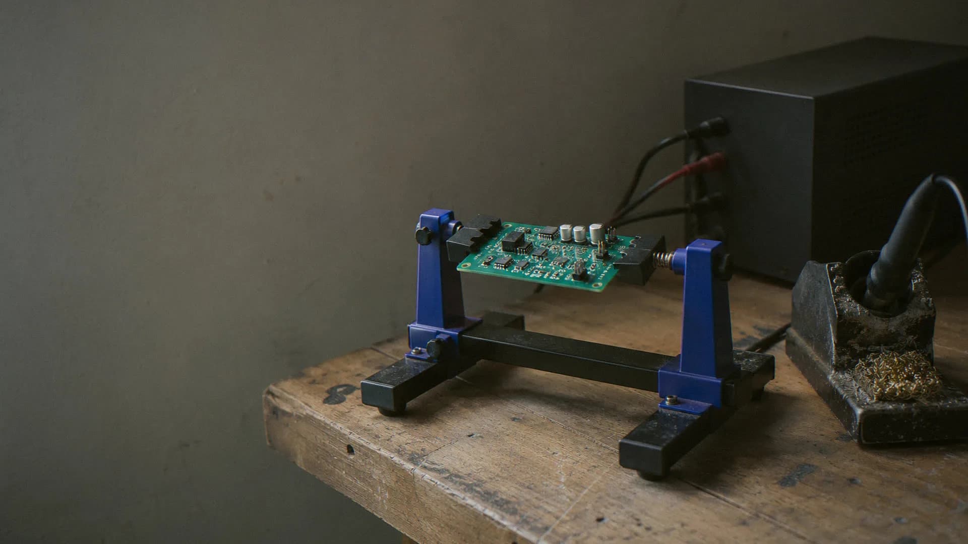 Hardware engineering bench at dusk
