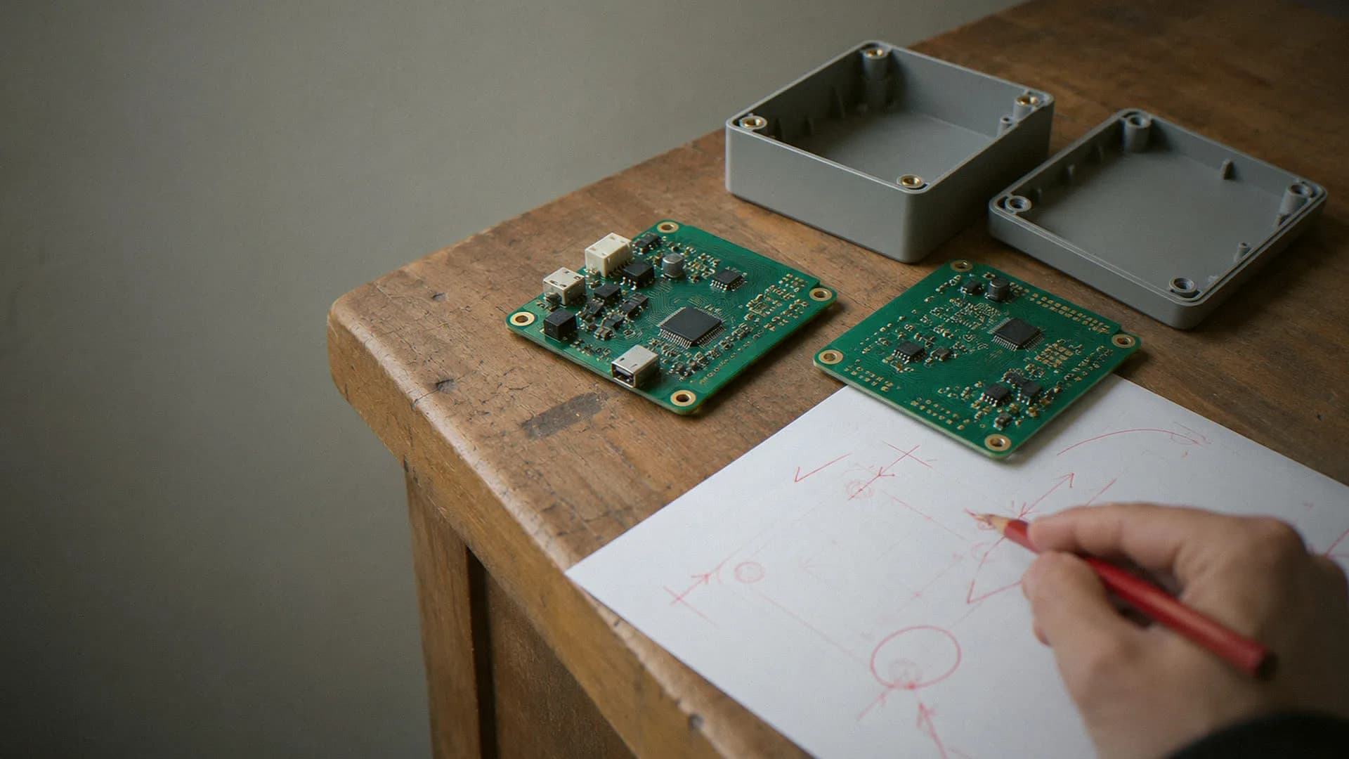 Engineering review table with boards, enclosure halves and prints