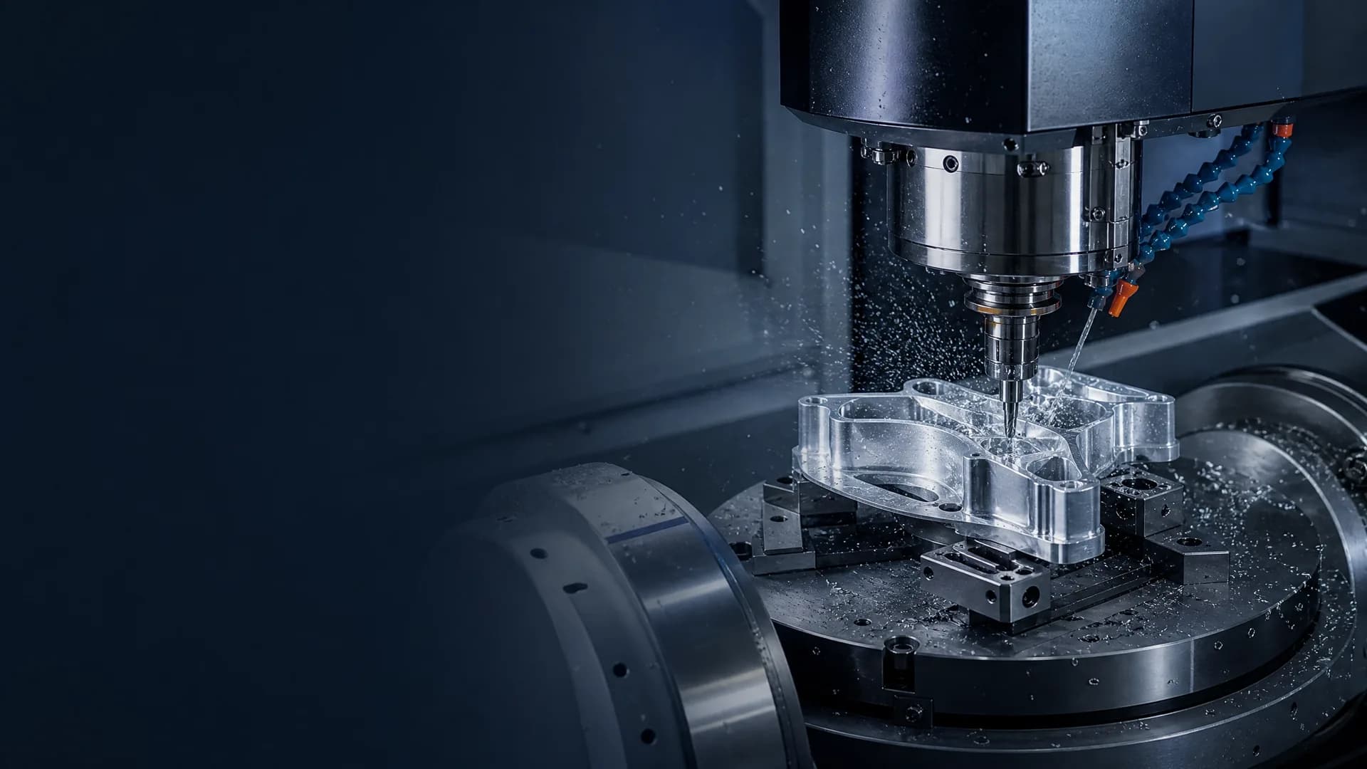 Five-axis CNC machine cutting an aluminum component