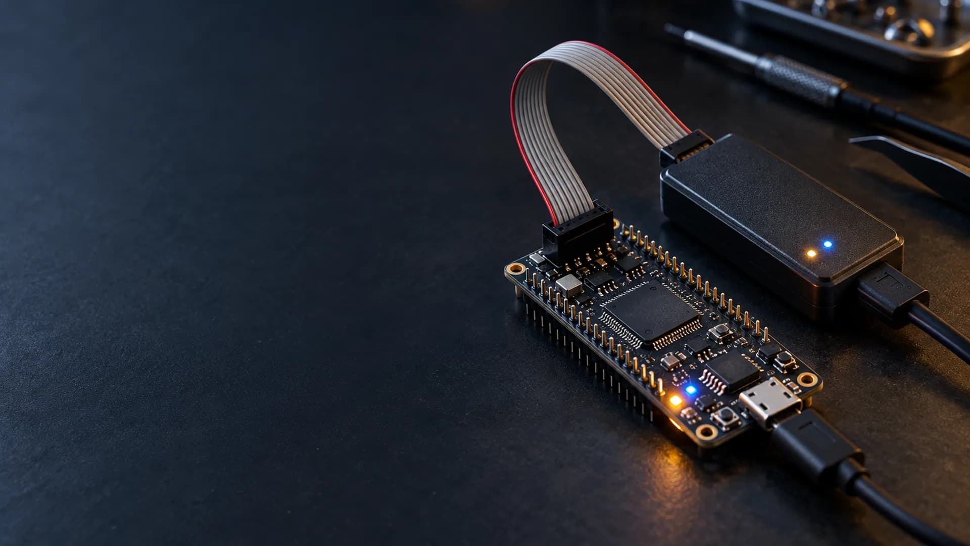 Embedded engineer debugging firmware on a microcontroller development board