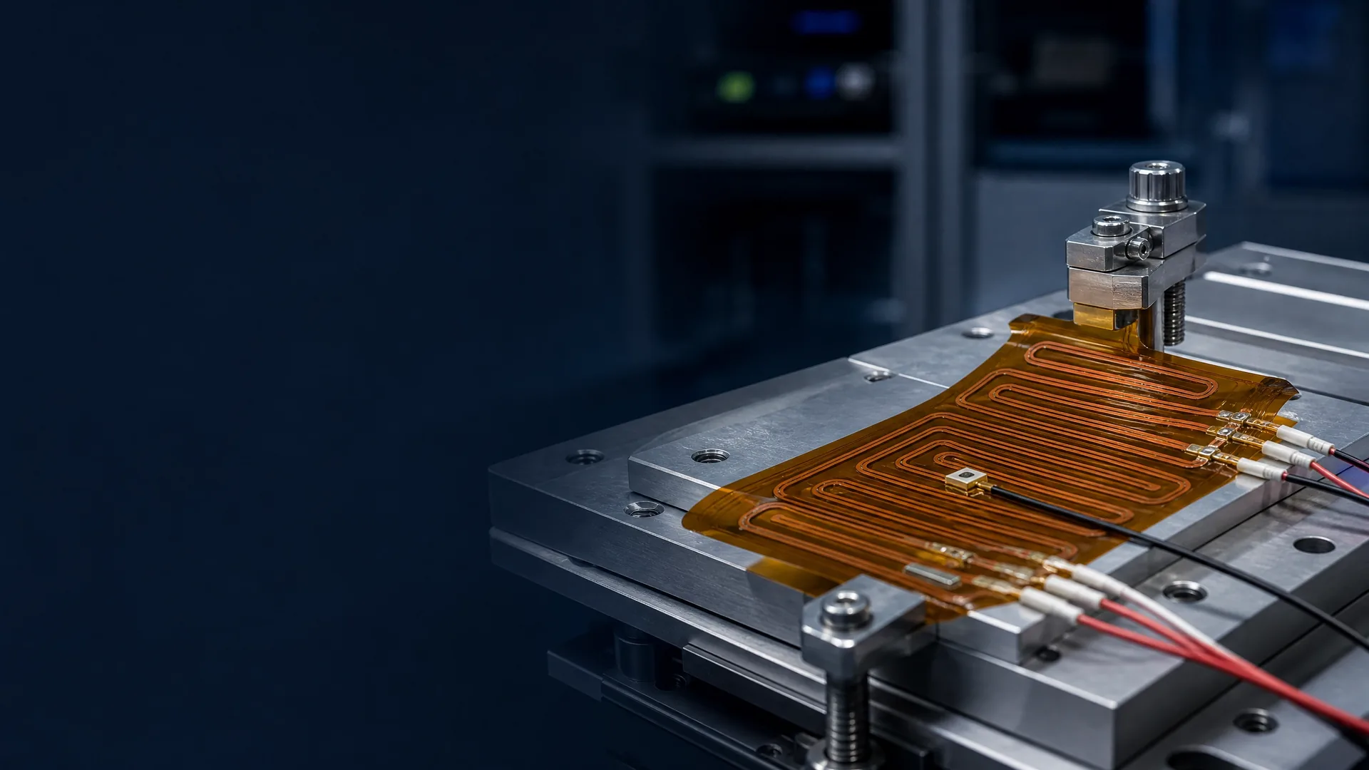 Polyimide flexible heater circuit with integrated leads and sensor