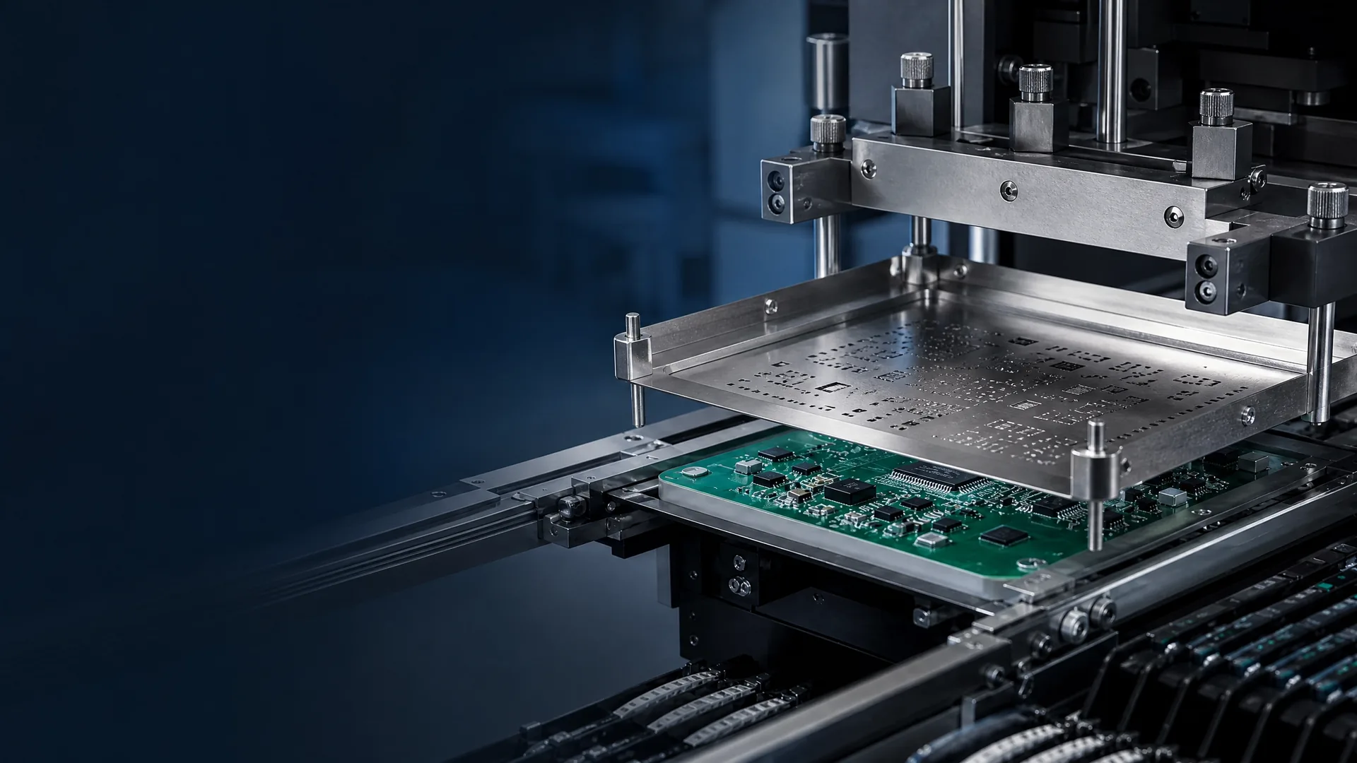 Laser-cut stainless steel SMT stencil aligned over a circuit board