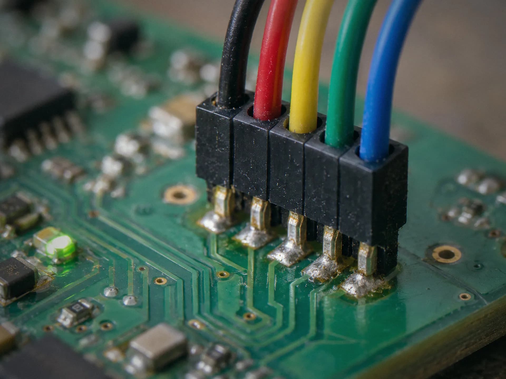 Debug header and status LED on a dev board