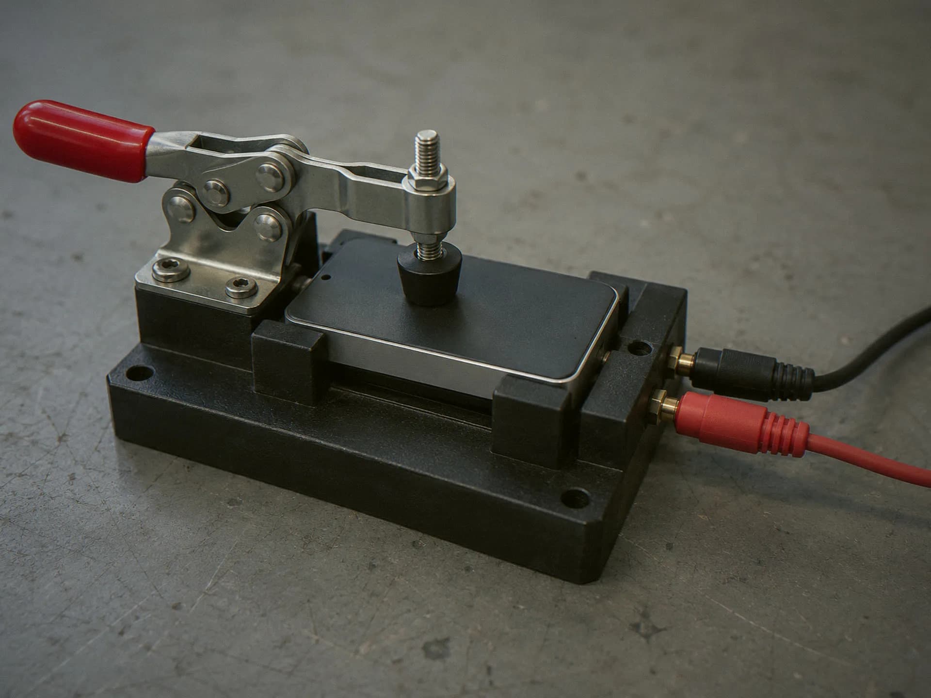 Finished device clamped in a test fixture with two test leads