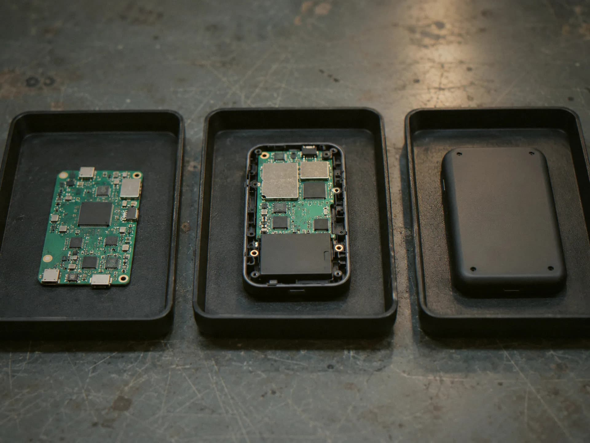 Prototype units in trays for each build stage