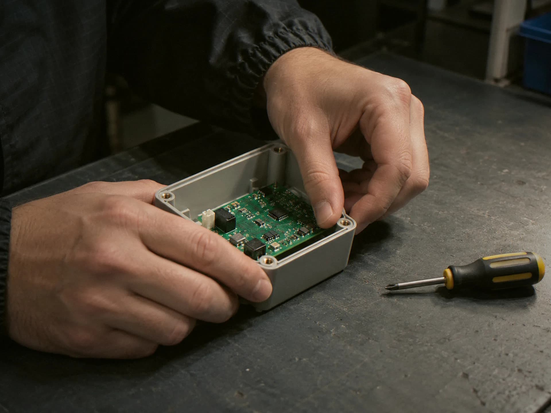 Hands fitting a circuit board into an enclosure, with a screwdriver beside it