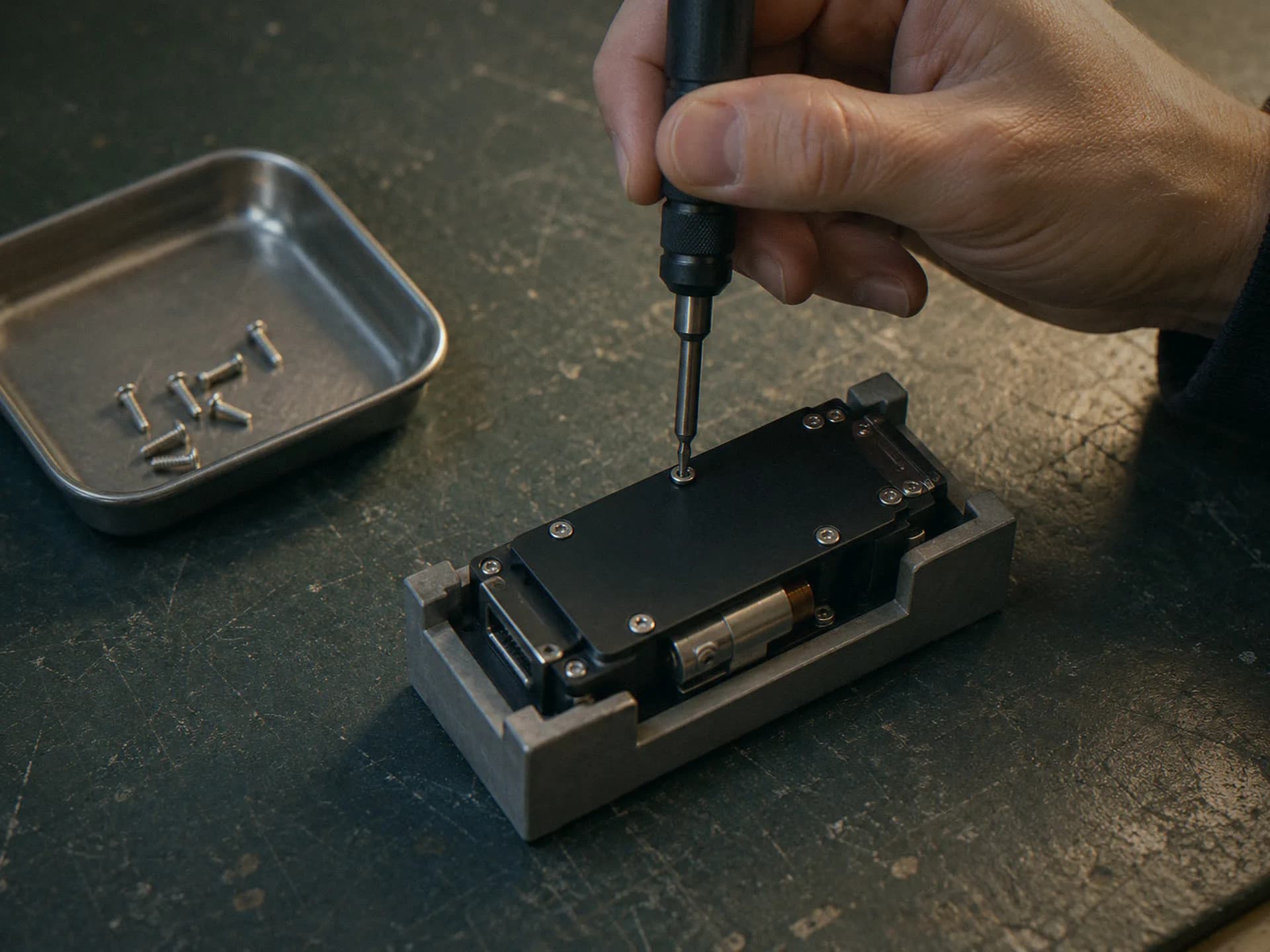 Driver fastening a device in a fixture beside a tray of screws