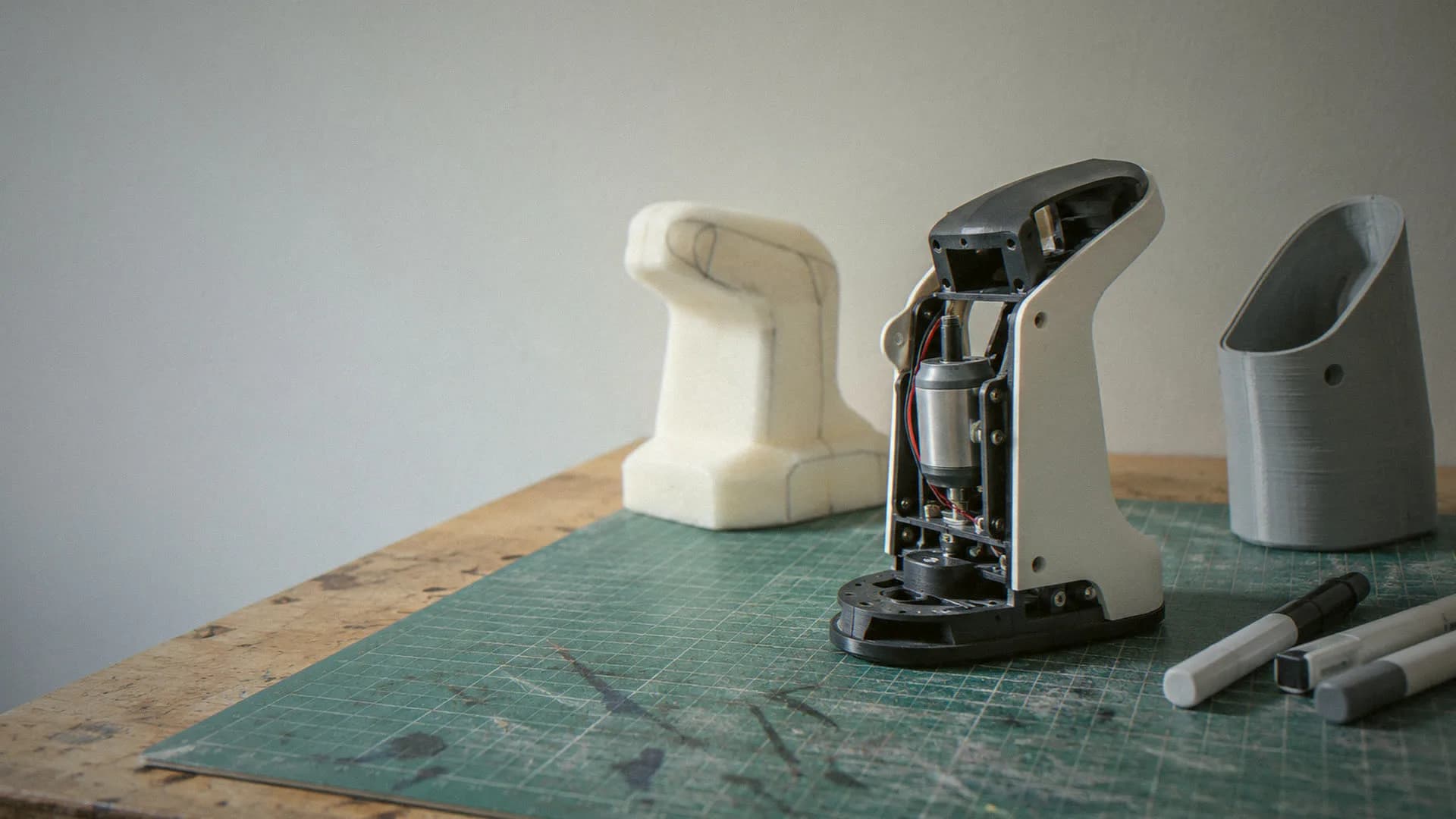 Product mock-ups and an open prototype on a design bench