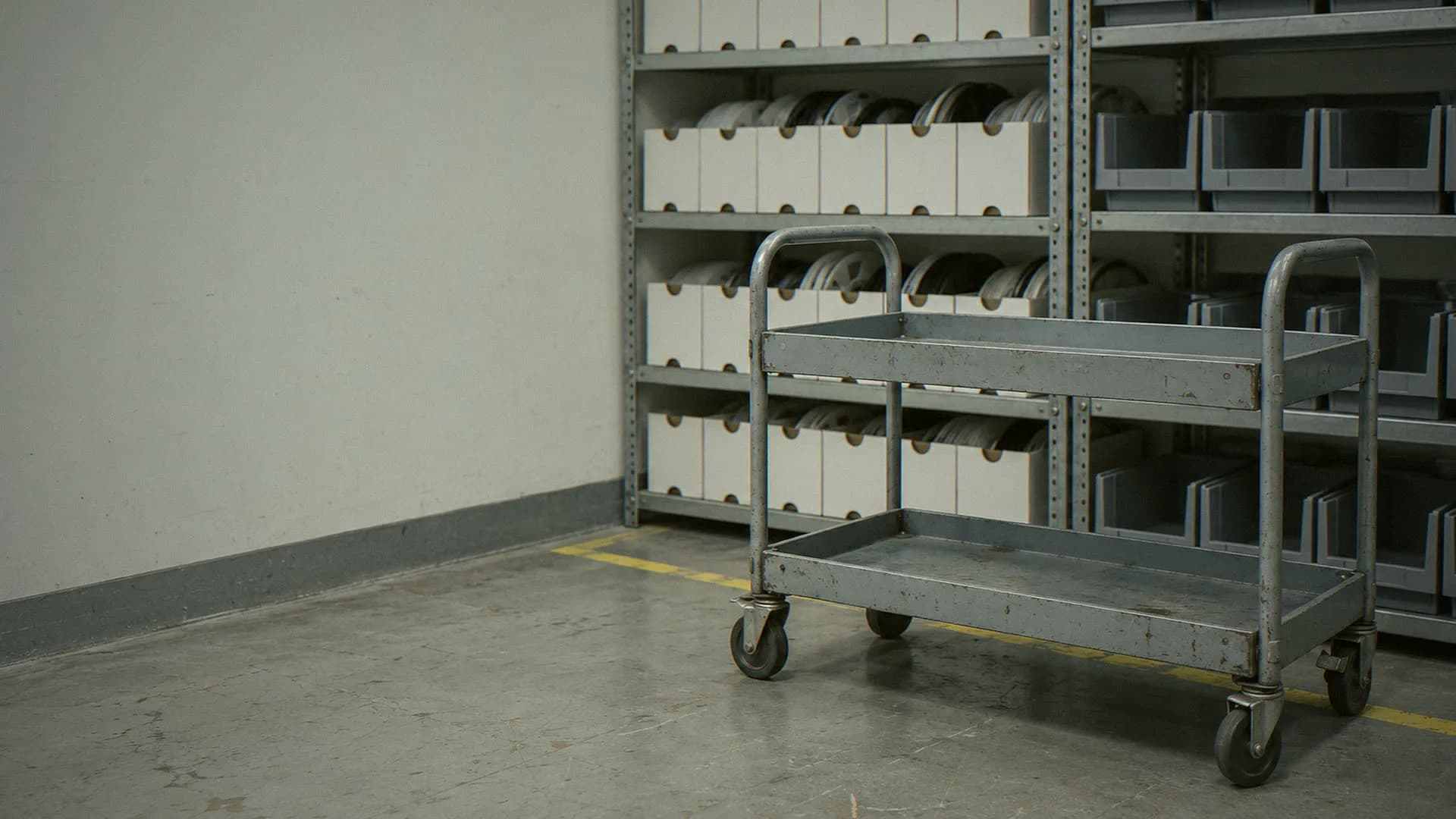 Parts bins on shelves and a cart in a parts crib