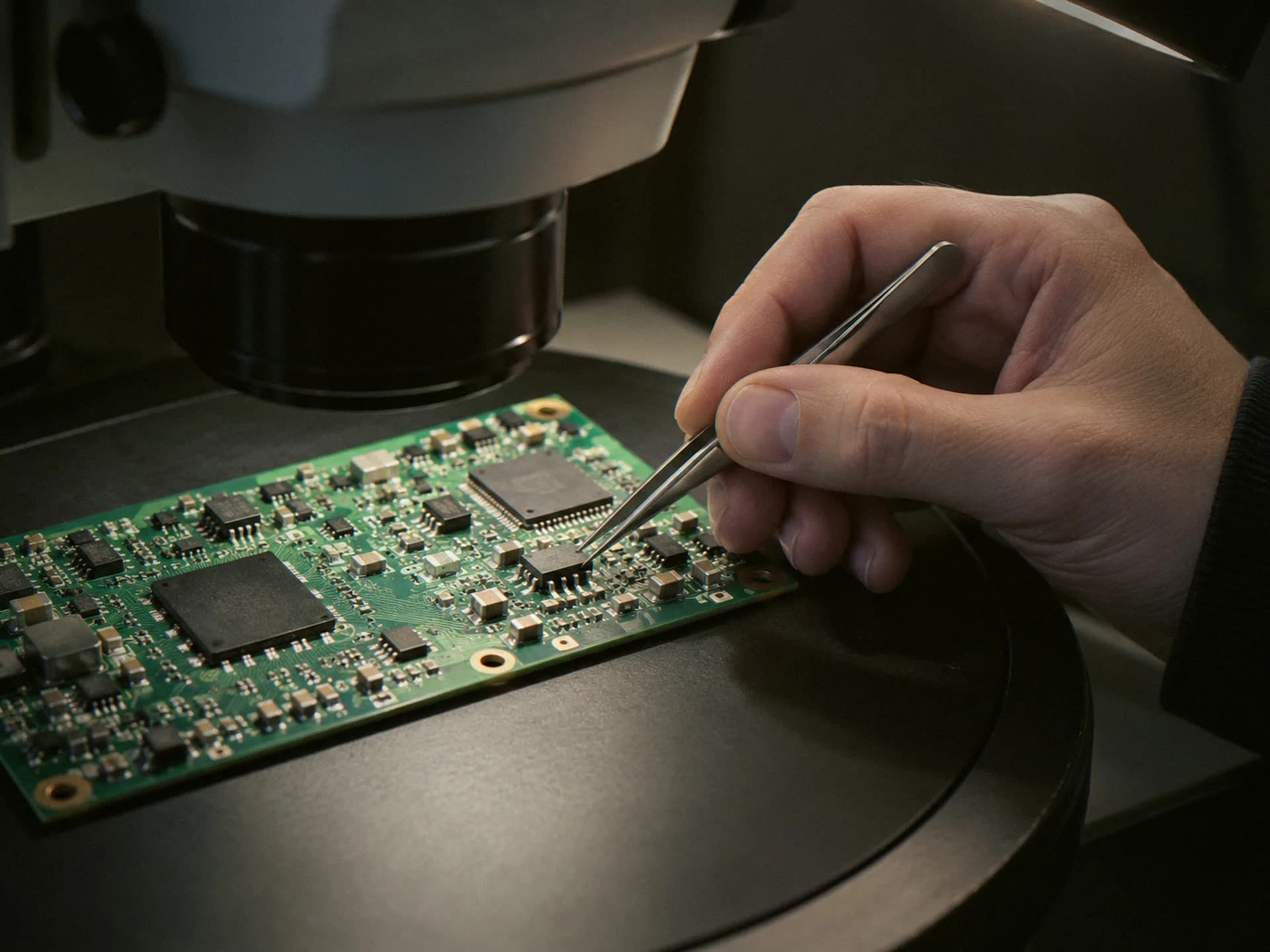 Tweezers on a circuit board under an inspection microscope