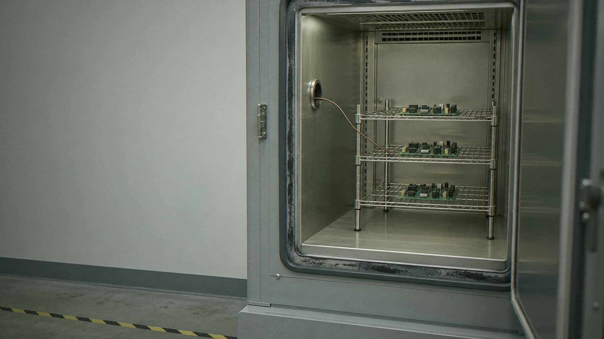 Circuit boards on racks inside an open environmental test chamber