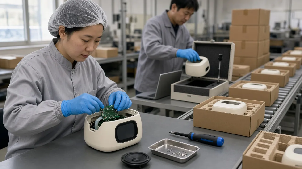 Desktop AI companion startup goes from hand-built samples to mass production in Shenzhen through DFM, EVT/DVT audio testing, a soft tool before steel and a pilot run