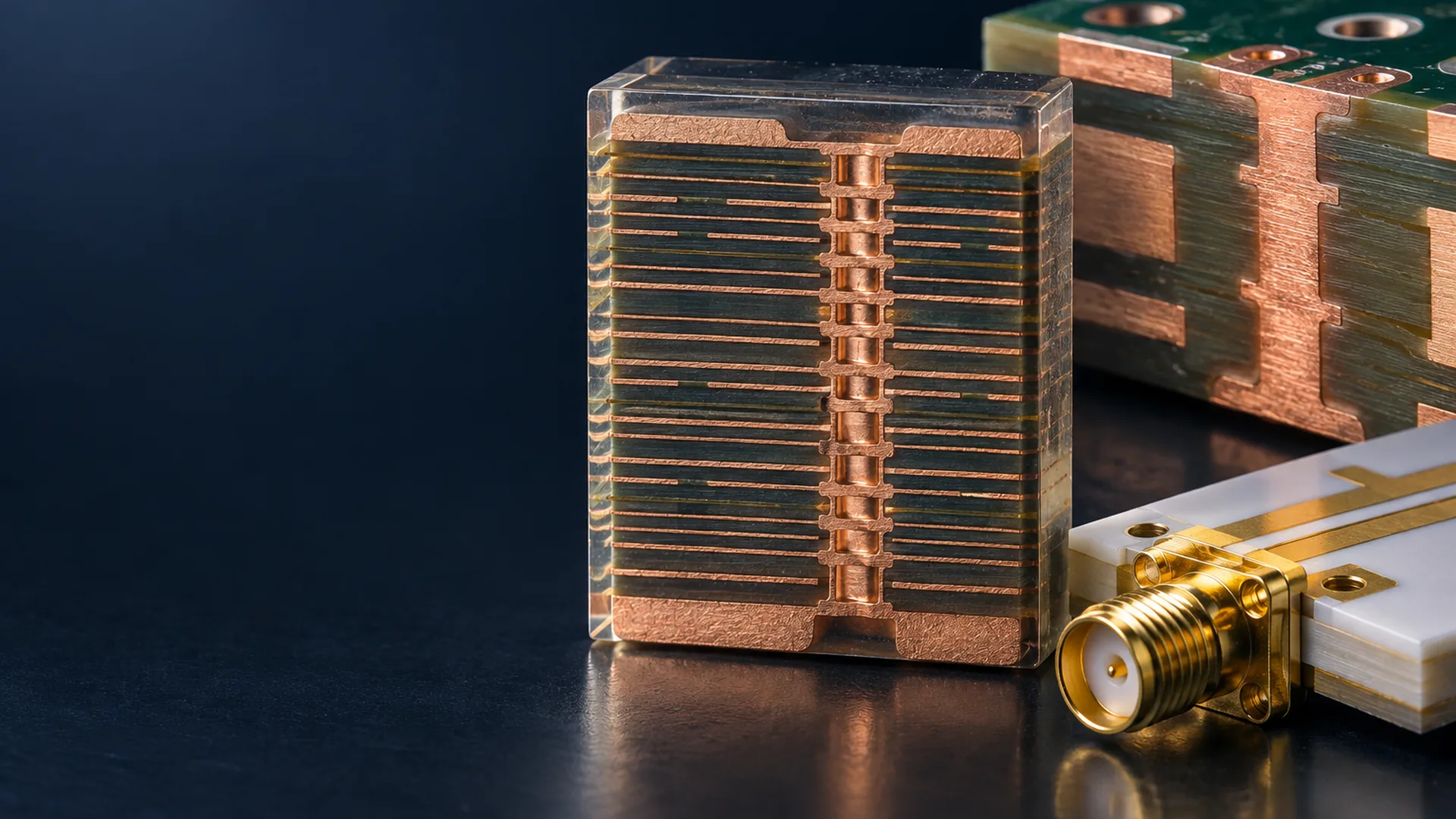 Cross-section of a multilayer HDI board with stacked copper microvias, beside a heavy-copper board and a PTFE RF board