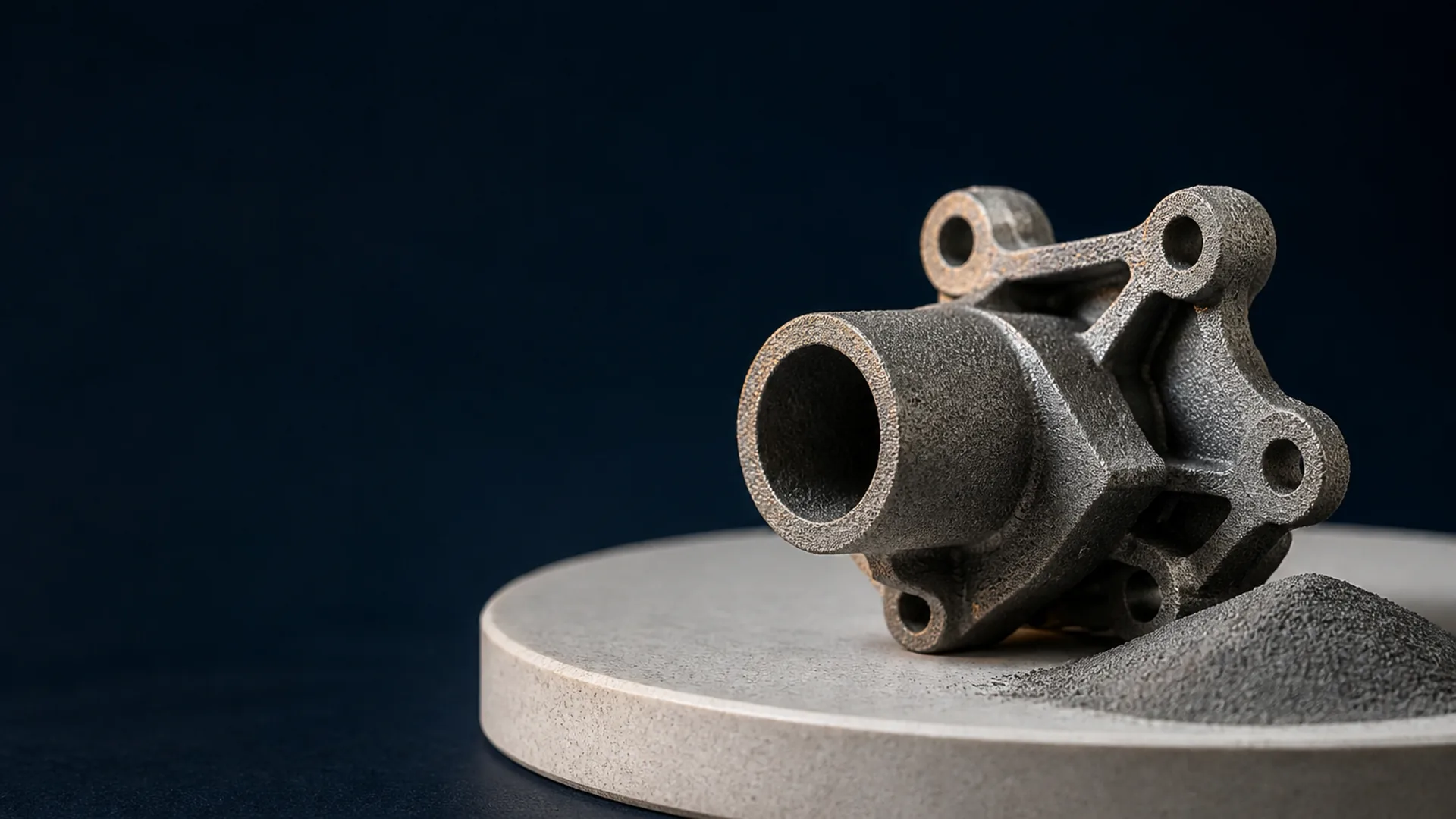 Sintered stainless steel binder-jet part on a ceramic setter plate beside loose metal powder