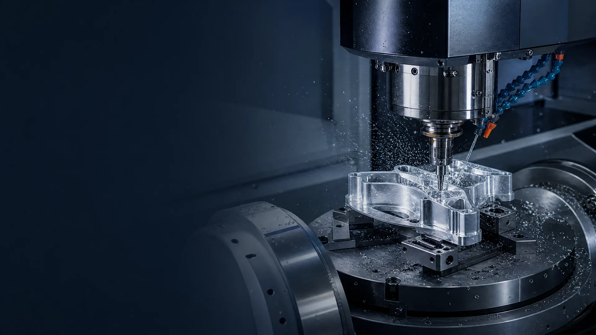 Five-axis CNC machine cutting an aluminum component