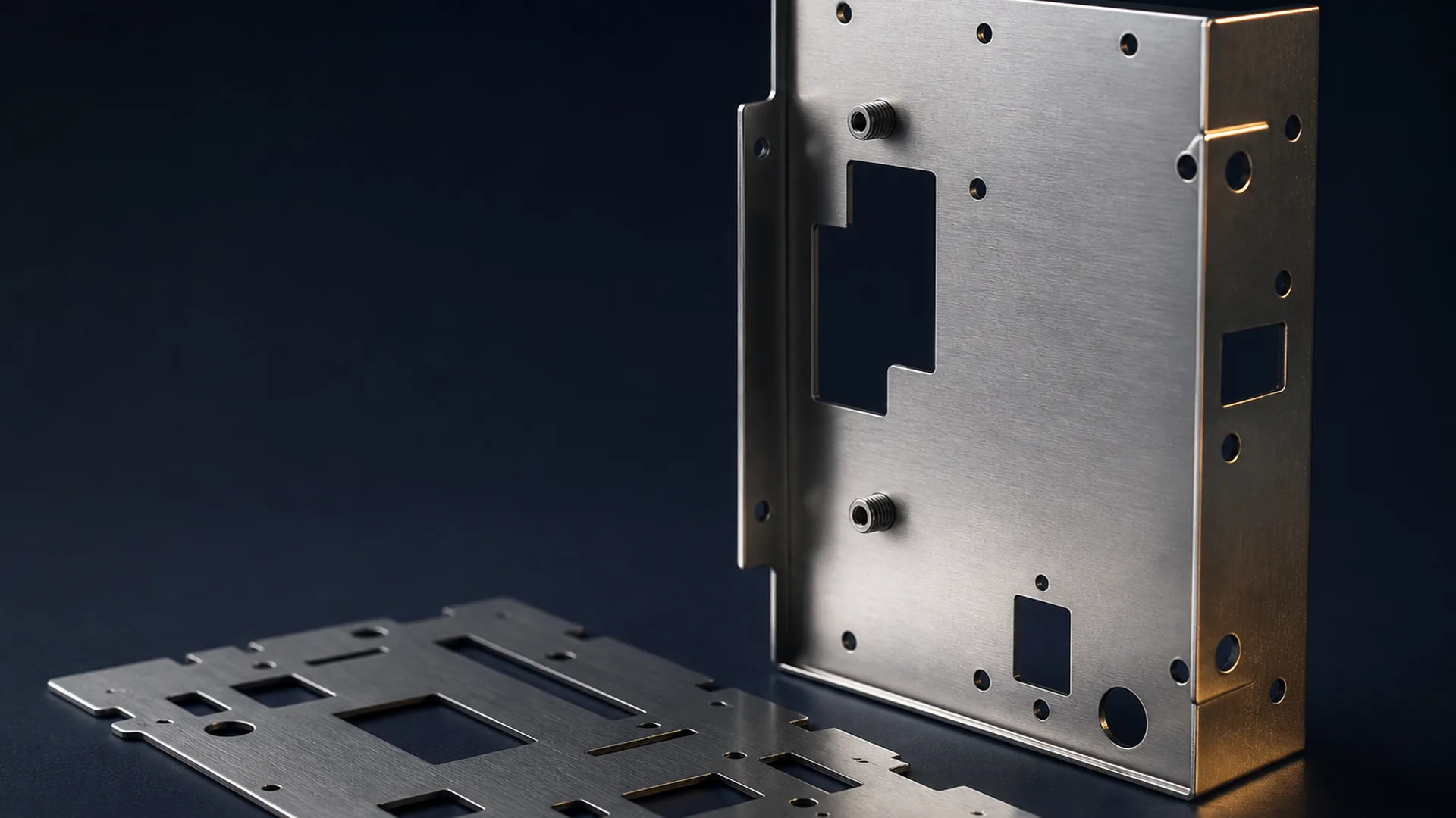 Precision laser-cut and press-brake-formed stainless steel enclosure panel beside its flat blank