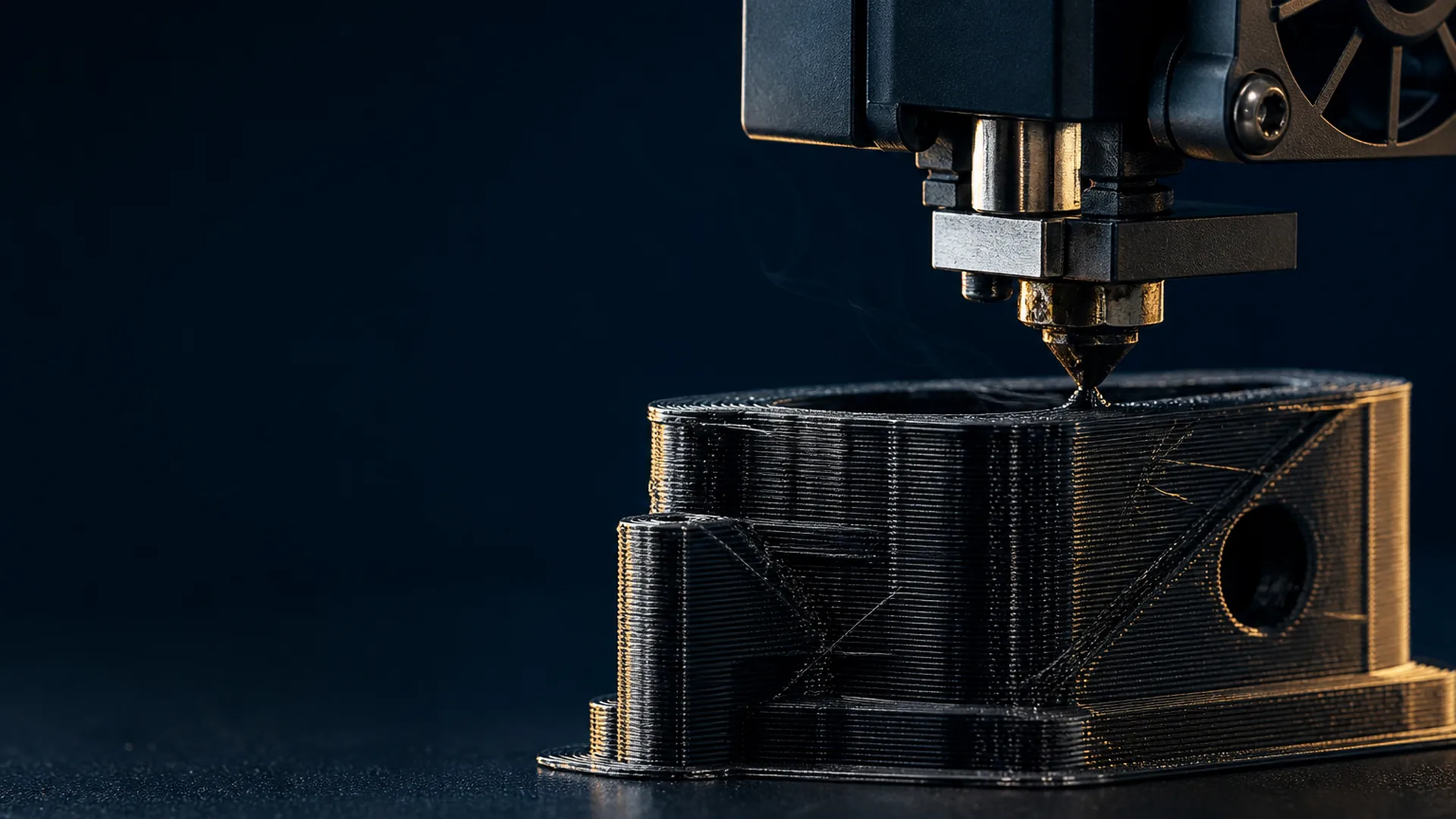 FDM printed part on a heated build plate with a nozzle extruding molten thermoplastic