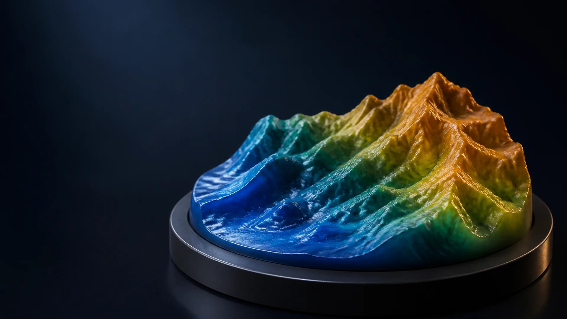 Full-color jetted resin topographic model with graded color on a matte black turntable
