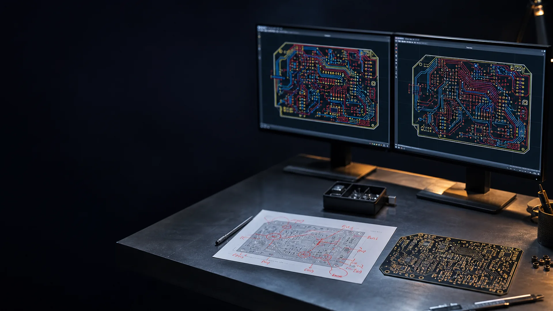 Dual monitors showing two routing revisions of the same PCB layout beside a marked-up board plot