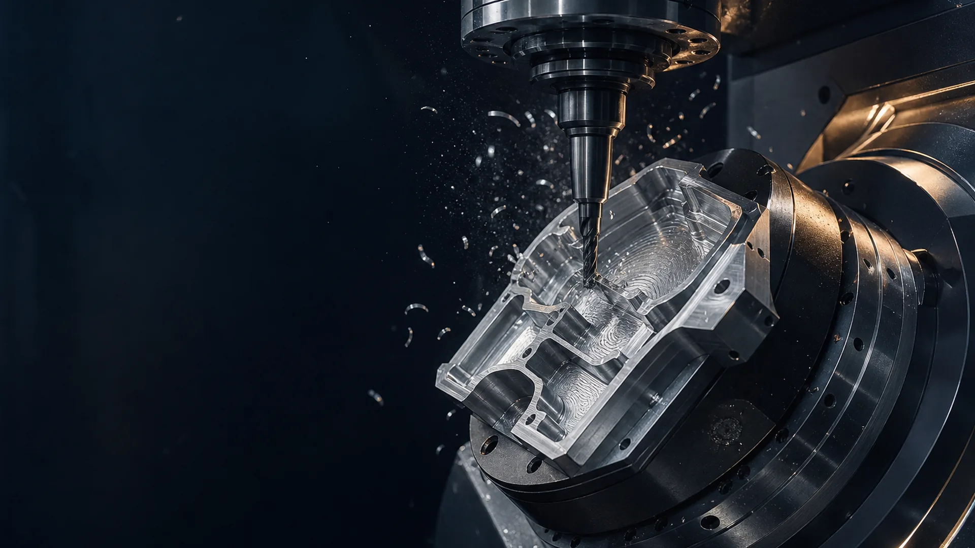 Five-axis CNC machining center cutting a complex aluminum block with coolant mist