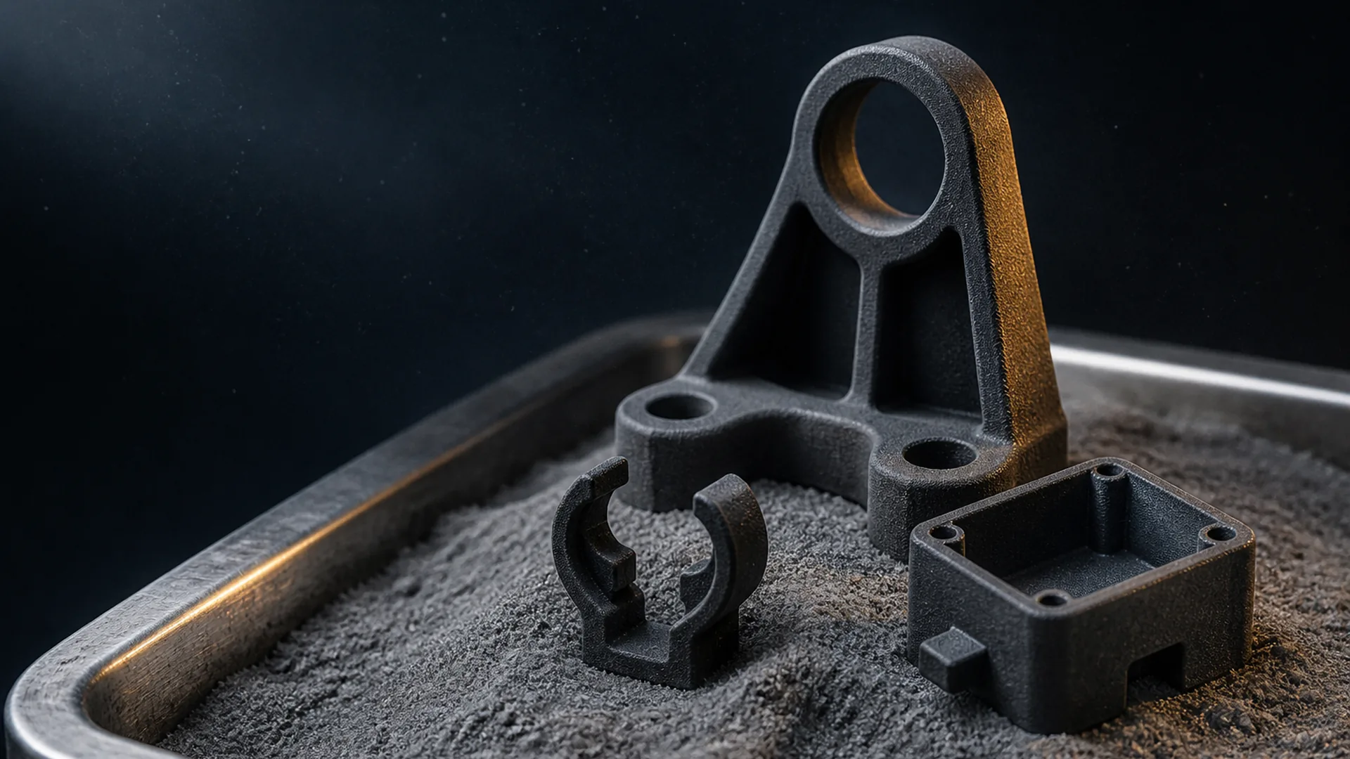 Matte gray MJF nylon parts resting in fine nylon powder on a de-powdering tray