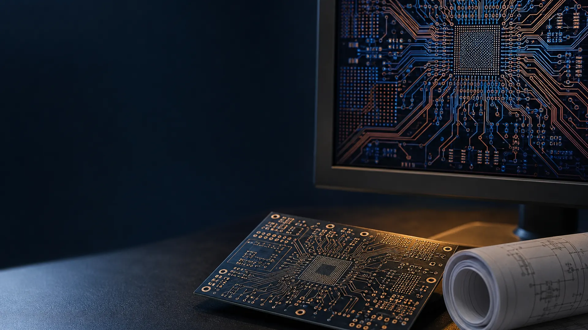 Monitor displaying a dense PCB layout with routed traces beside a bare prototype board