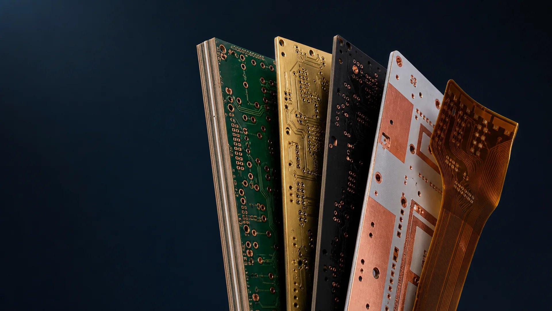Fan of bare printed circuit boards showing multilayer, gold-plated, black mask, and flexible constructions