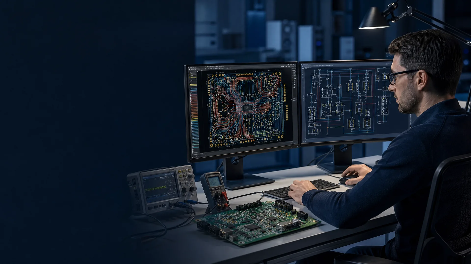 Electronics engineer reviewing a dense PCB layout and schematic
