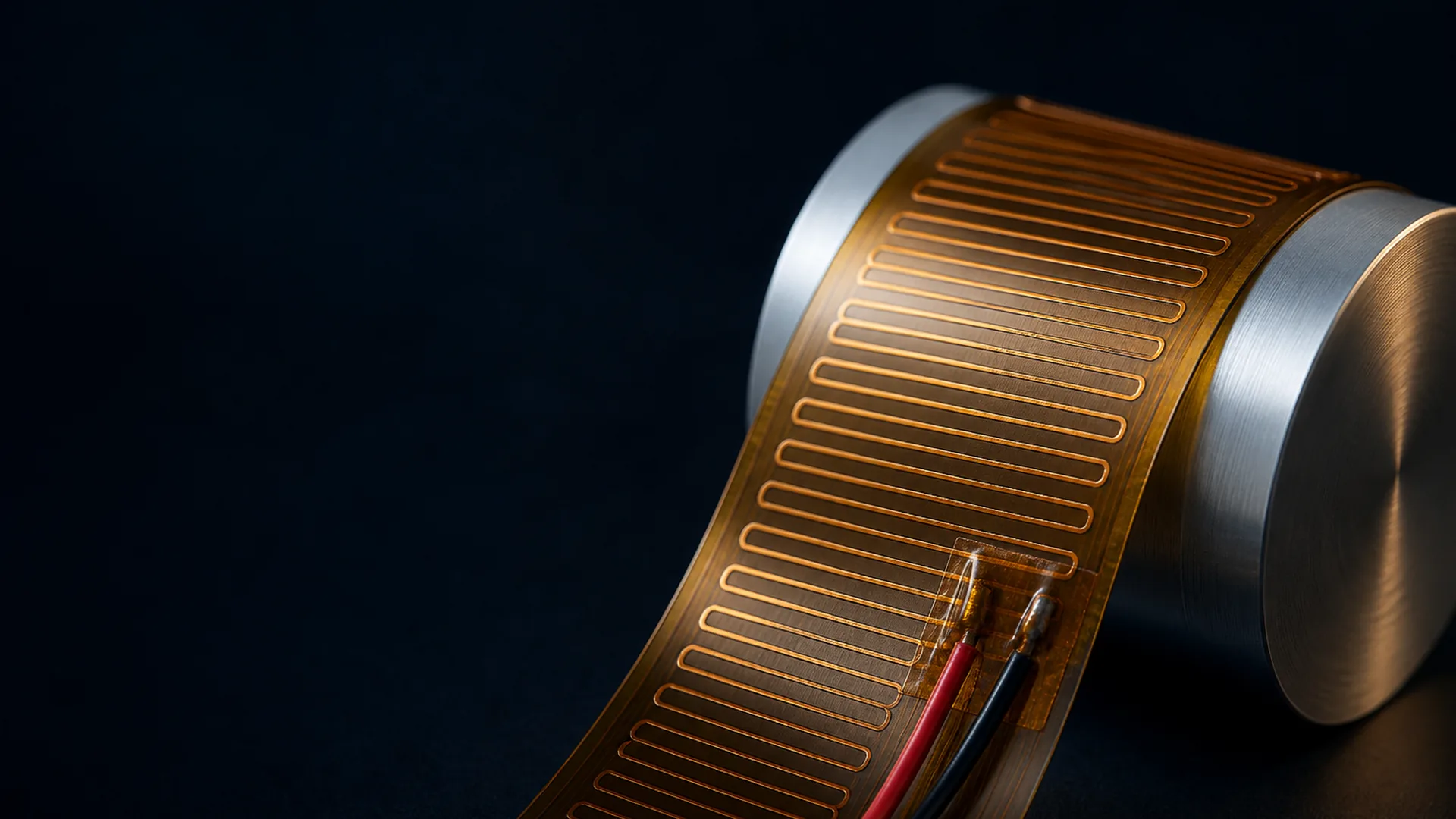 Amber polyimide flexible heater with serpentine copper traces curved over an aluminum mandrel