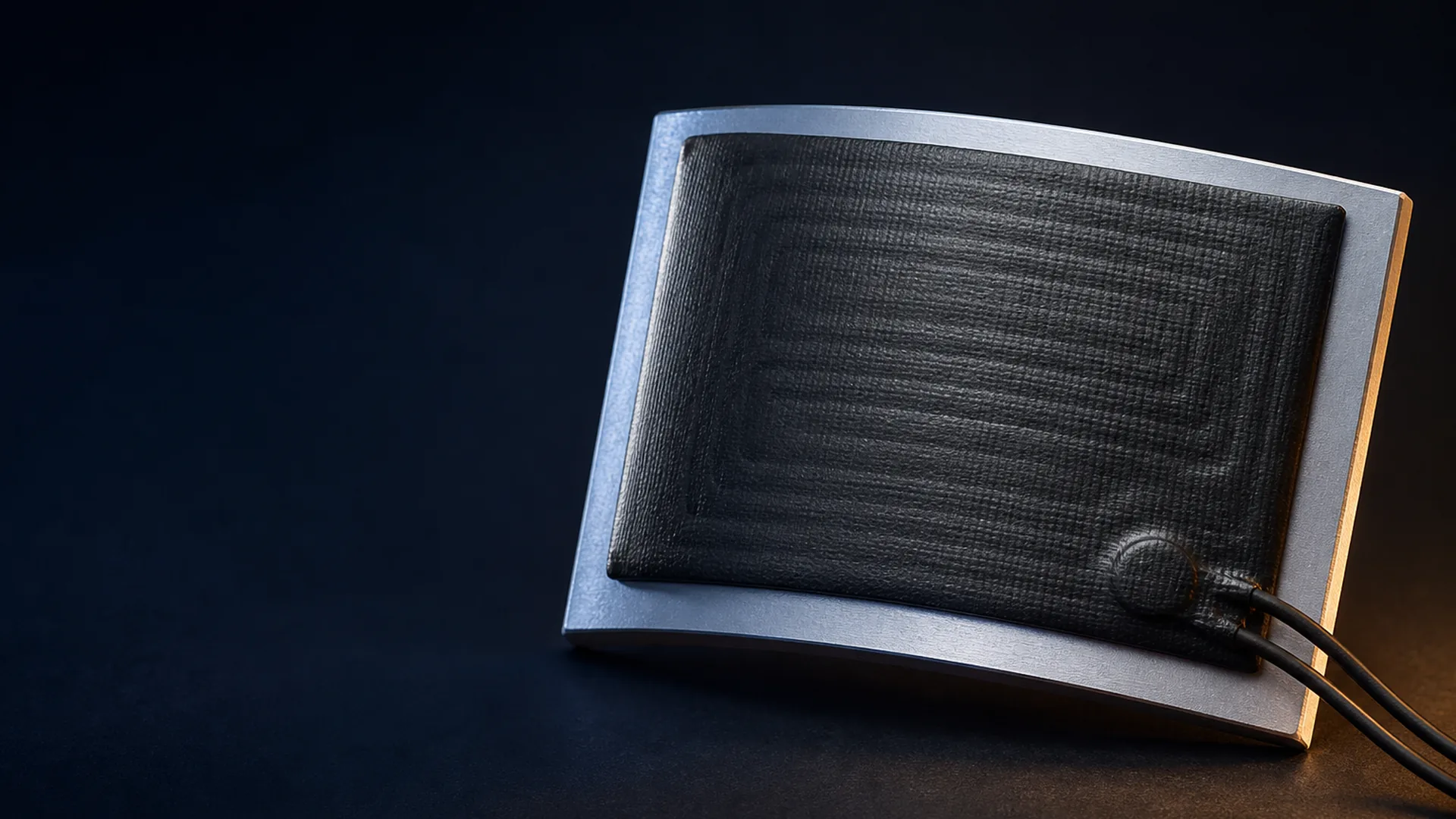 Black silicone rubber heater pad with integrated thermostat bonded to a curved aluminum plate