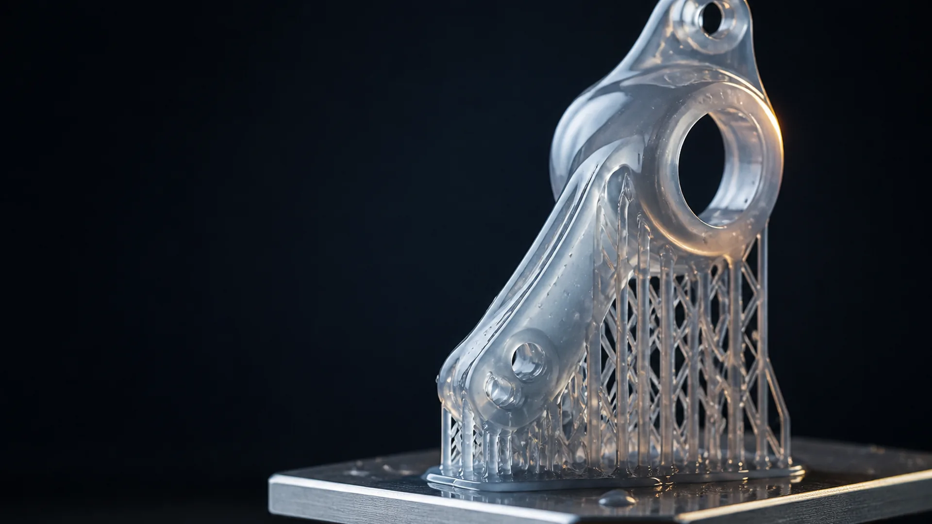 Translucent SLA resin part with lattice supports on a stainless build platform
