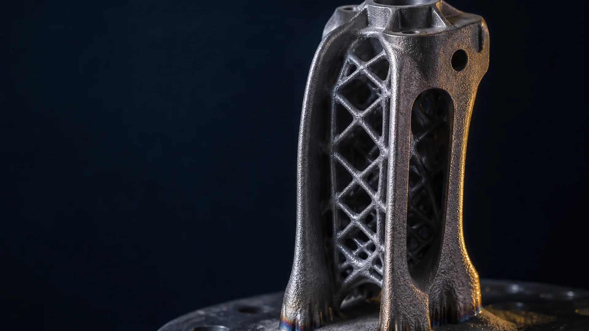 Stainless steel SLM lattice component on a build plate with residual metal powder