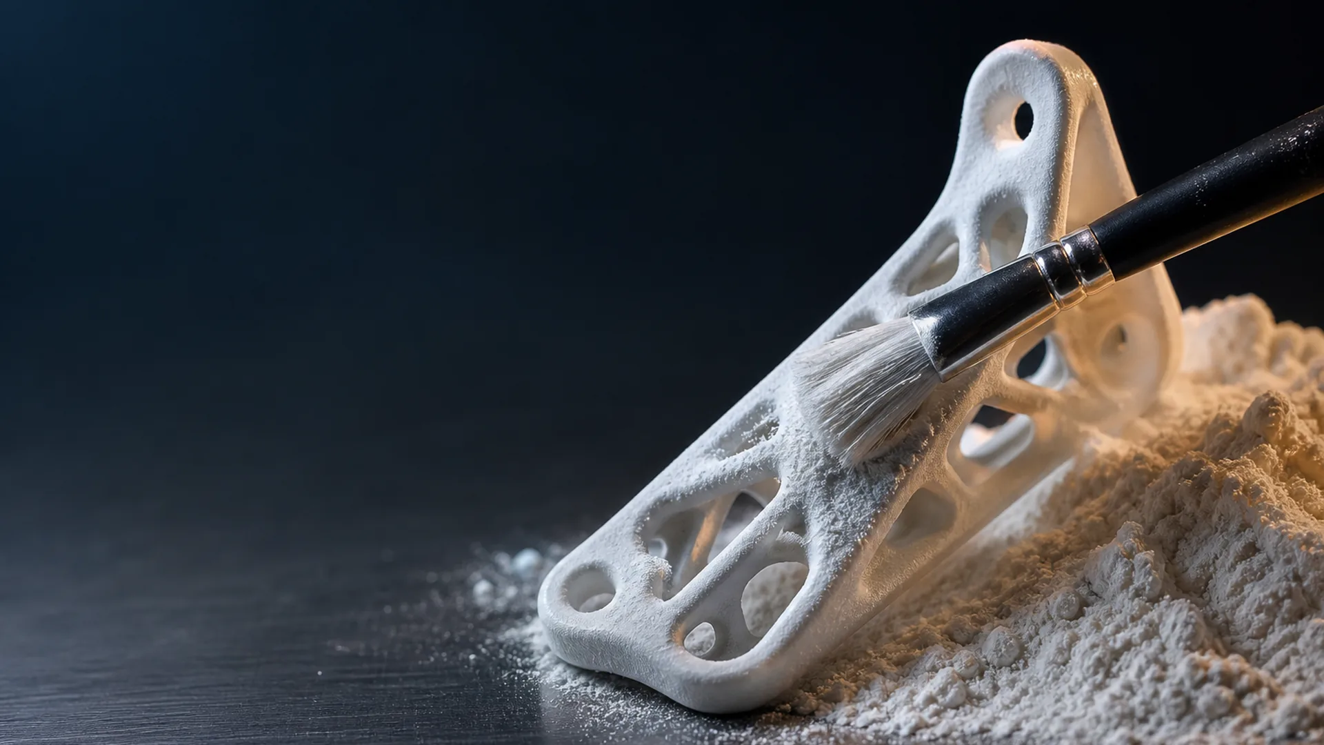 White nylon SLS lattice bracket being brushed free of polyamide powder