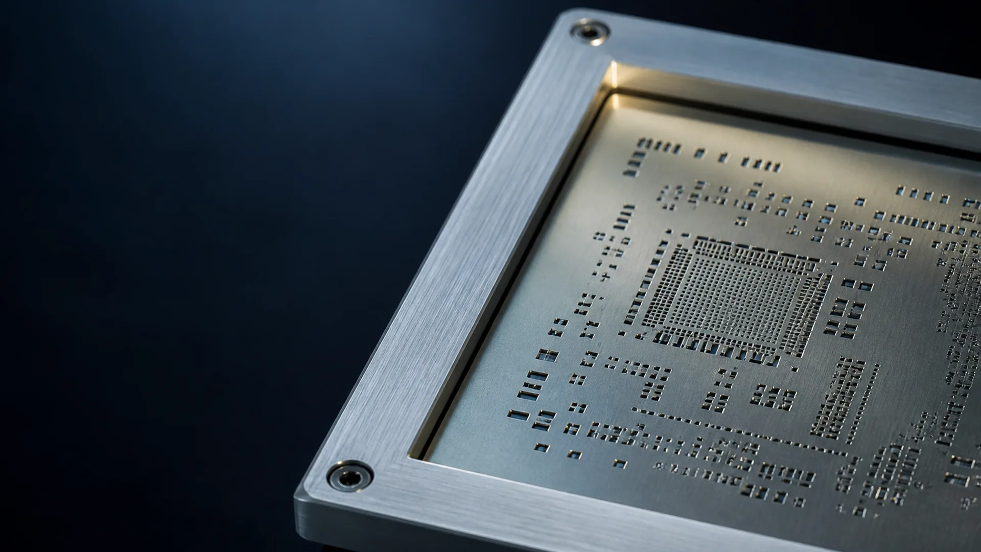 Laser-cut stainless steel SMT stencil foil tensioned in an aluminum frame