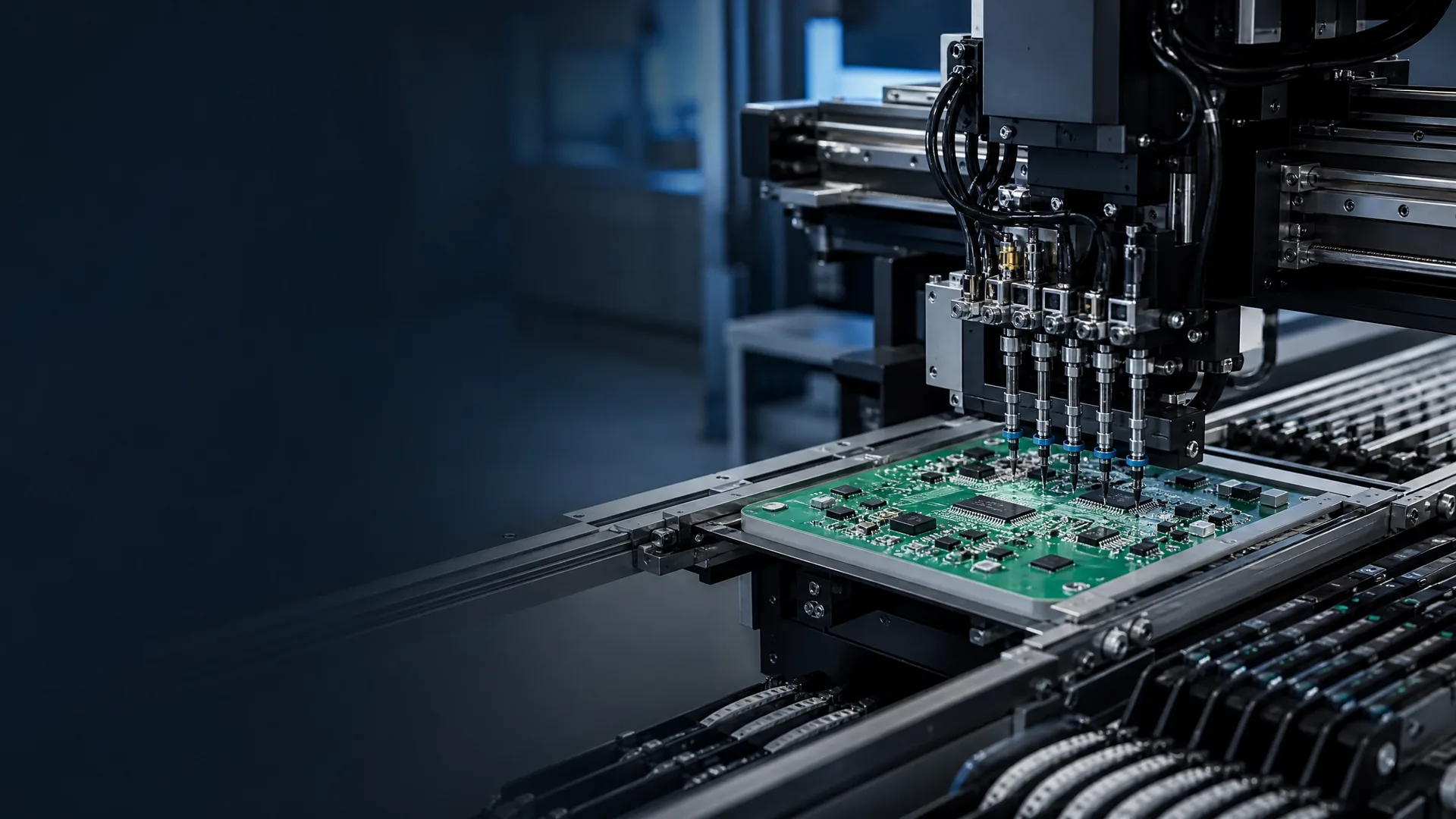 Automated SMT line assembling a green printed circuit board