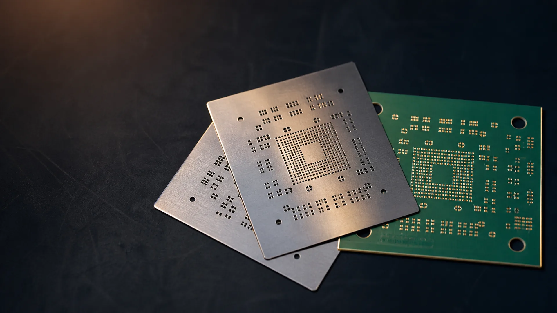 Two laser-cut stainless steel stencil foils beside a matching bare circuit board