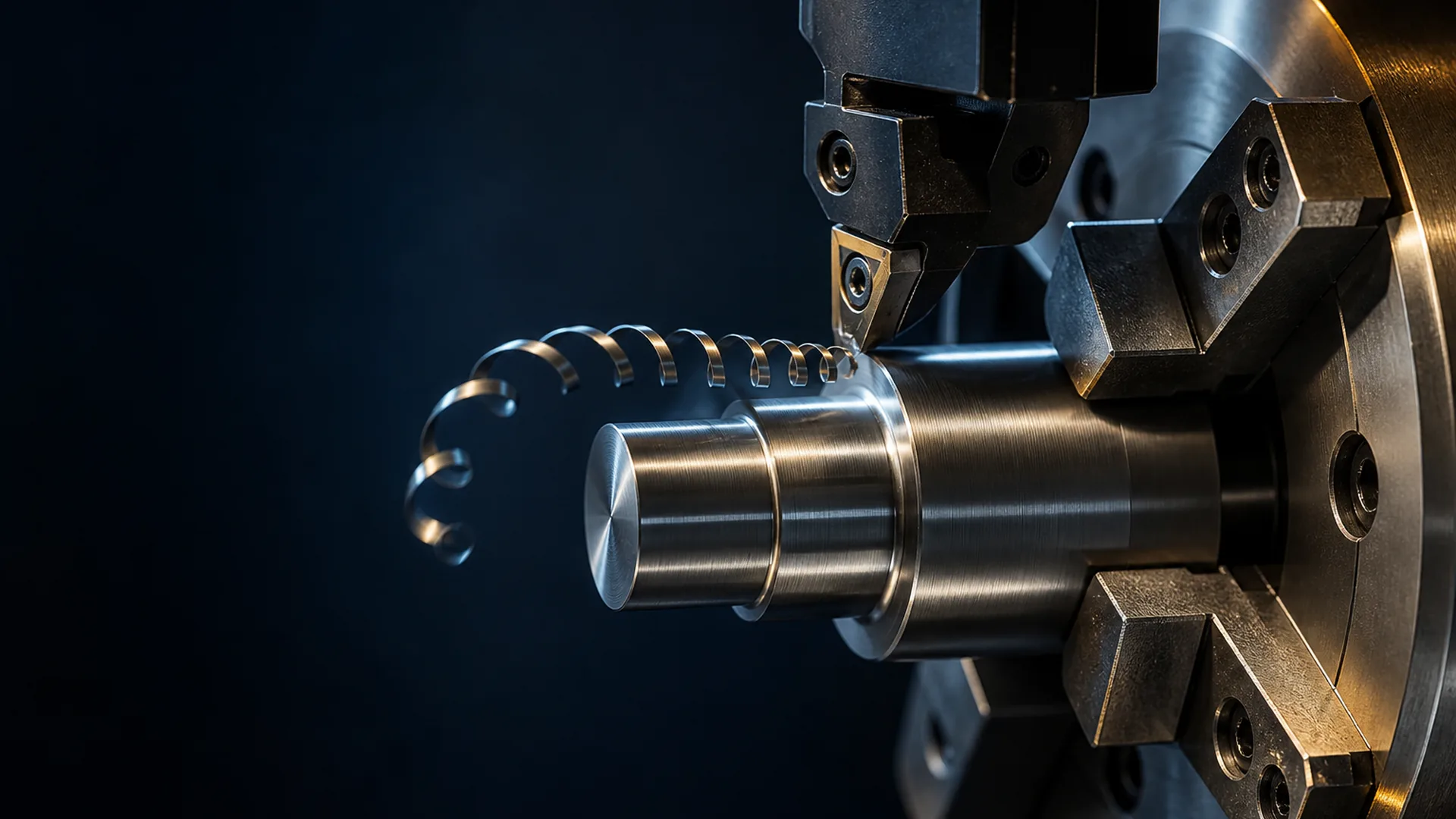 CNC lathe turning a polished steel shaft with a continuous chip curling from the insert